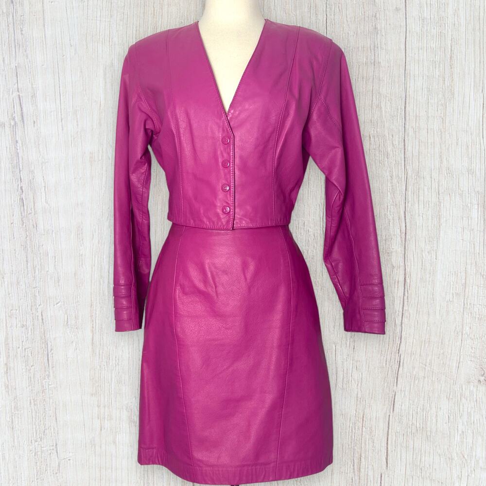 Vintage 80s Yucatan Bay Pink 2 Piece Leather Mini Skirt Jacket Matching Suit Set - Picture 3 of 14